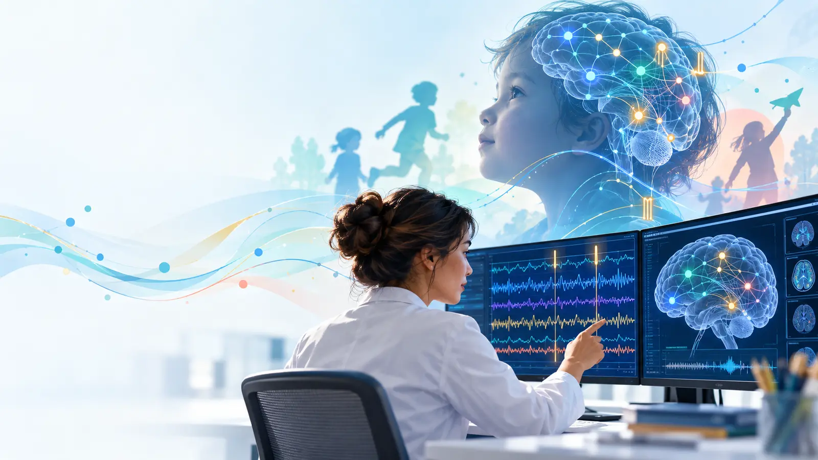 Illustration of a child, neural pathways, and a researcher reviewing brain signals